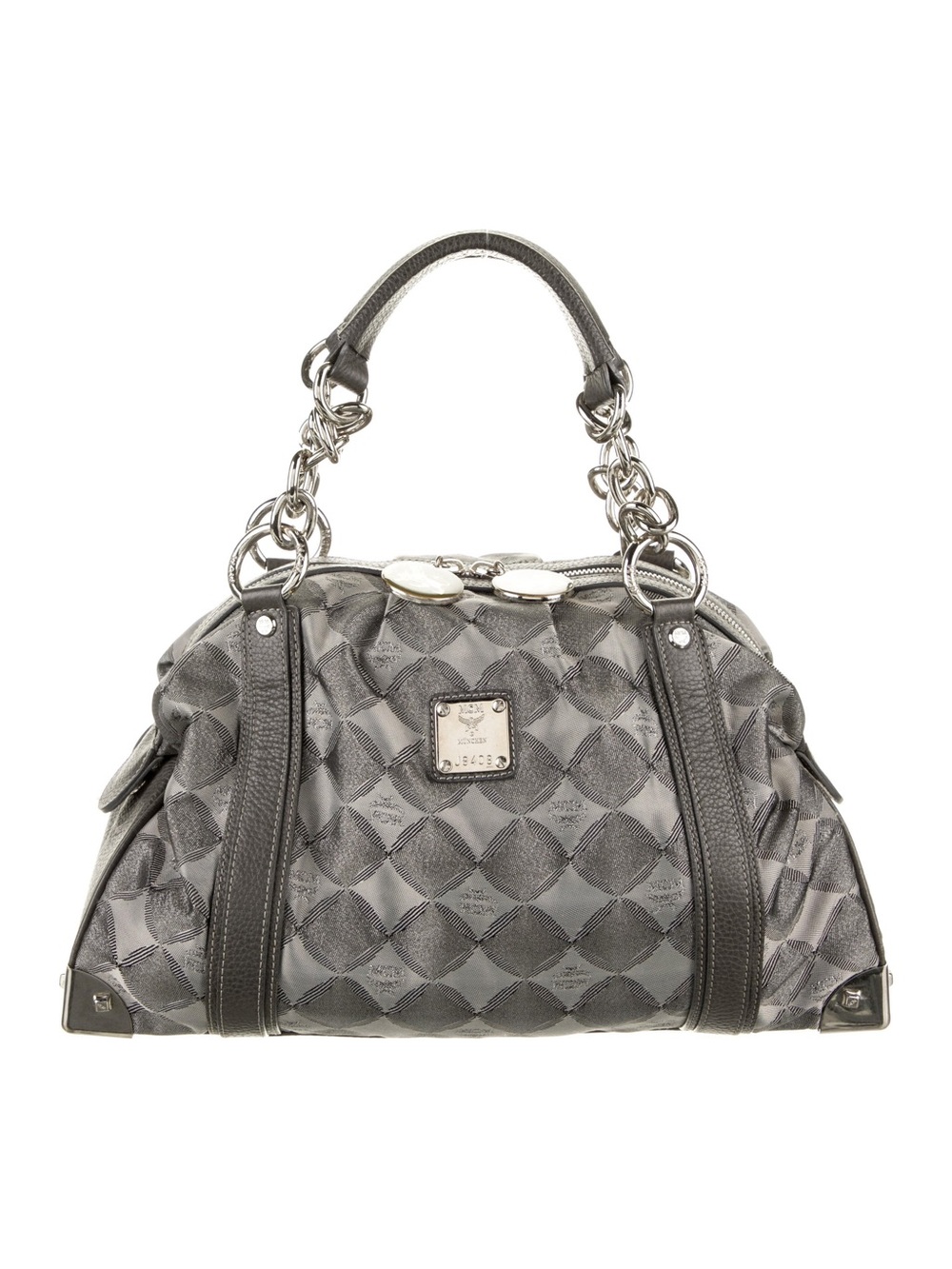 MCM Elegant Gray Patterned Satchel with Chain-Detail Handles